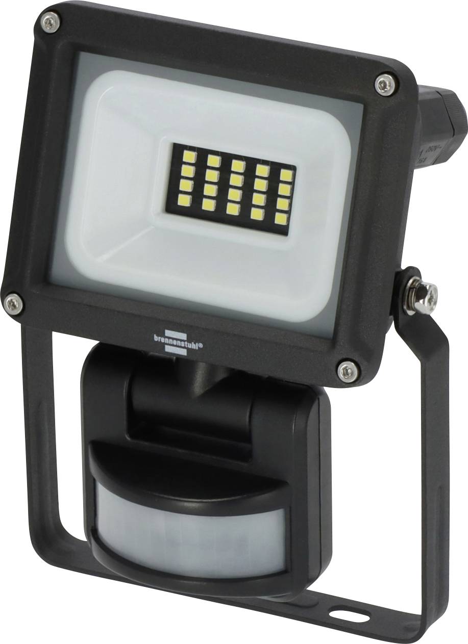 Schwarzer LED-Flutlichtstrahler mit Bewegungsmelder und verstellbarer Halterung auf weißem Hintergrund.