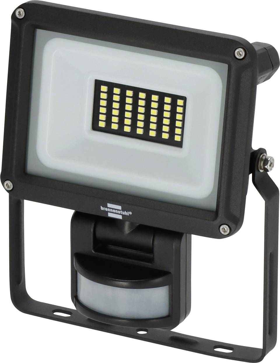 Schwarze LED-Flutlichter mit Bewegungsmelder und verstellbarer Montageklammer auf weißem Hintergrund.