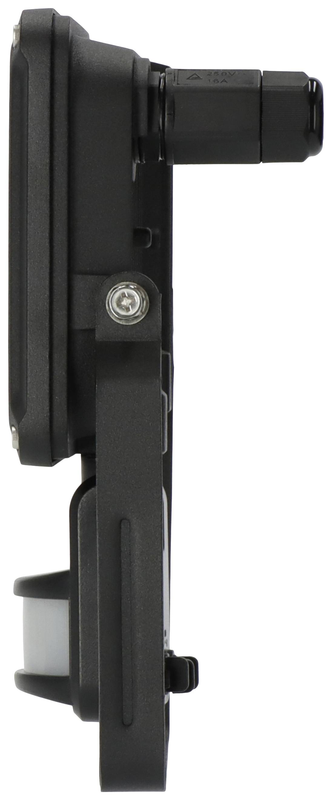 Schwarzes technisches Gerät in seitlicher Ansicht, zeigt einen Sensor und Anschlüsse, vermutlich für industrielle oder elektronische Anwendungen.