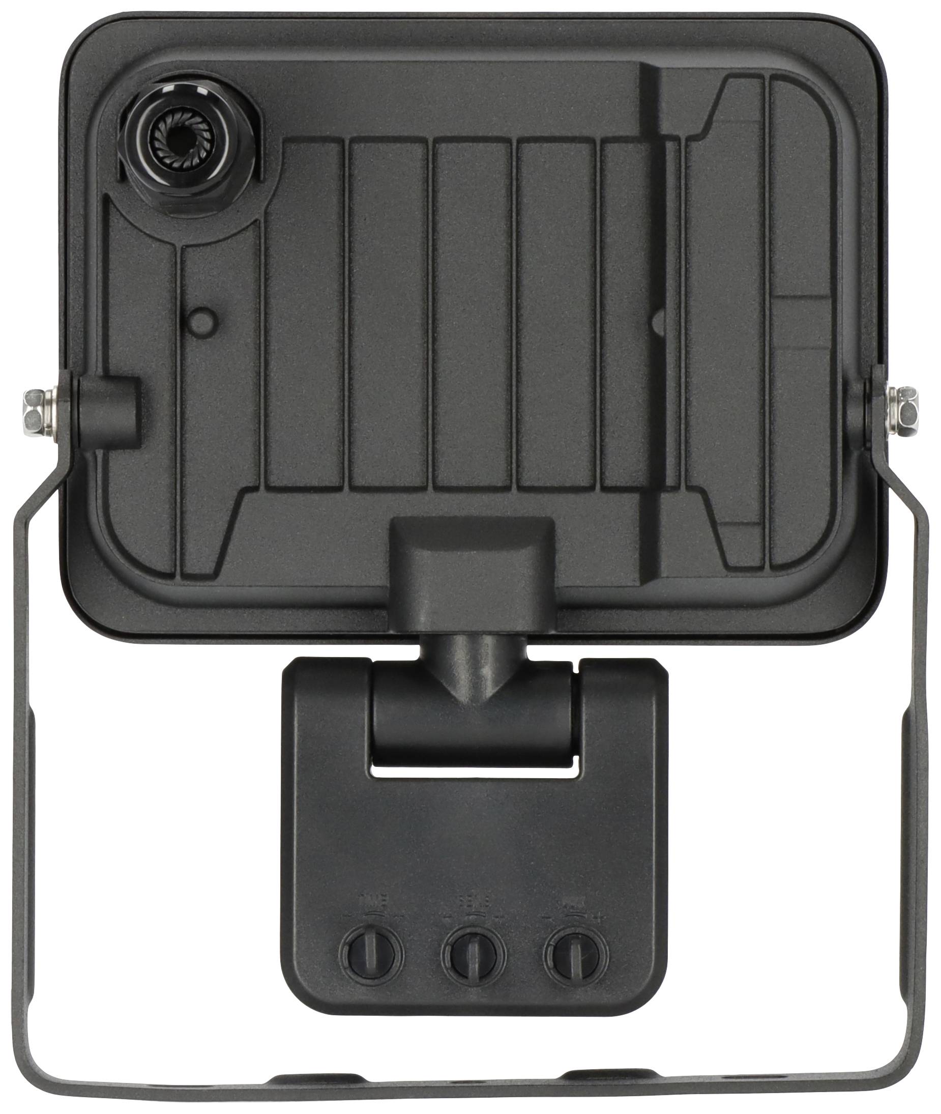 Schwarzer rechteckiger LED-Strahler mit verstellbarer Halterung und Kabeldurchführung an der Oberseite, Rückansicht gezeigt.