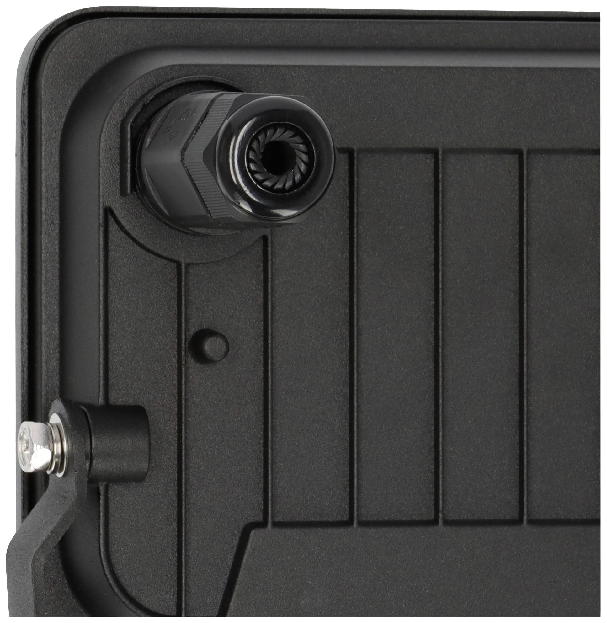 Ein Teil eines elektronischen Geräts zeigt eine Steckverbindung an der oberen Ecke. Schwarzes, robustes Gehäuse mit Schraubendetail.