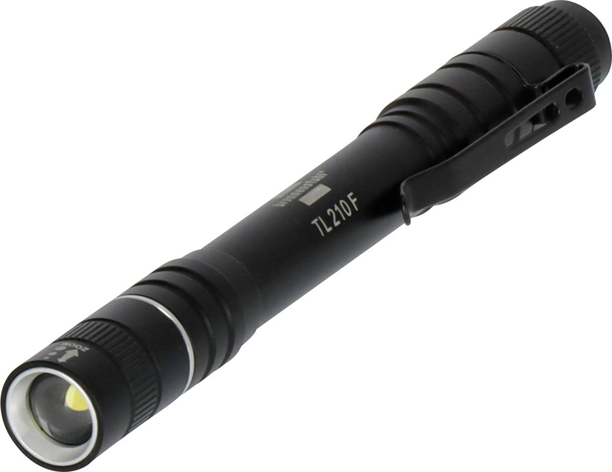 Taktische schwarze Taschenlampe mit Clip, Modell TL210F, auf weißem Hintergrund gezeigt.