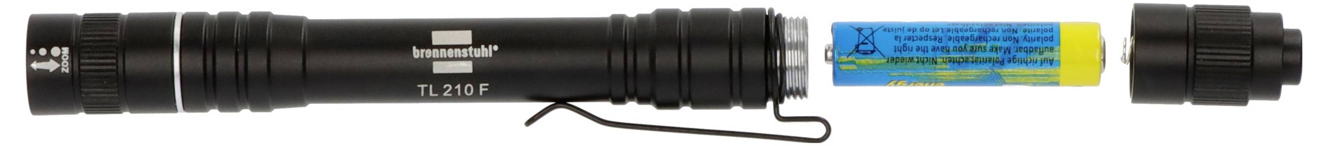 Schwarze tragbare Taschenlampe, dargestellt mit einer blau-gelben Batterie daneben, beide auf weißem Hintergrund angezeigt.