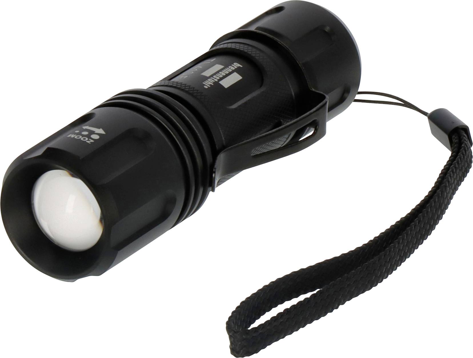 Schwarze kompakte LED-Taschenlampe mit Handgelenkschlaufe, auf weißem Hintergrund dargestellt.