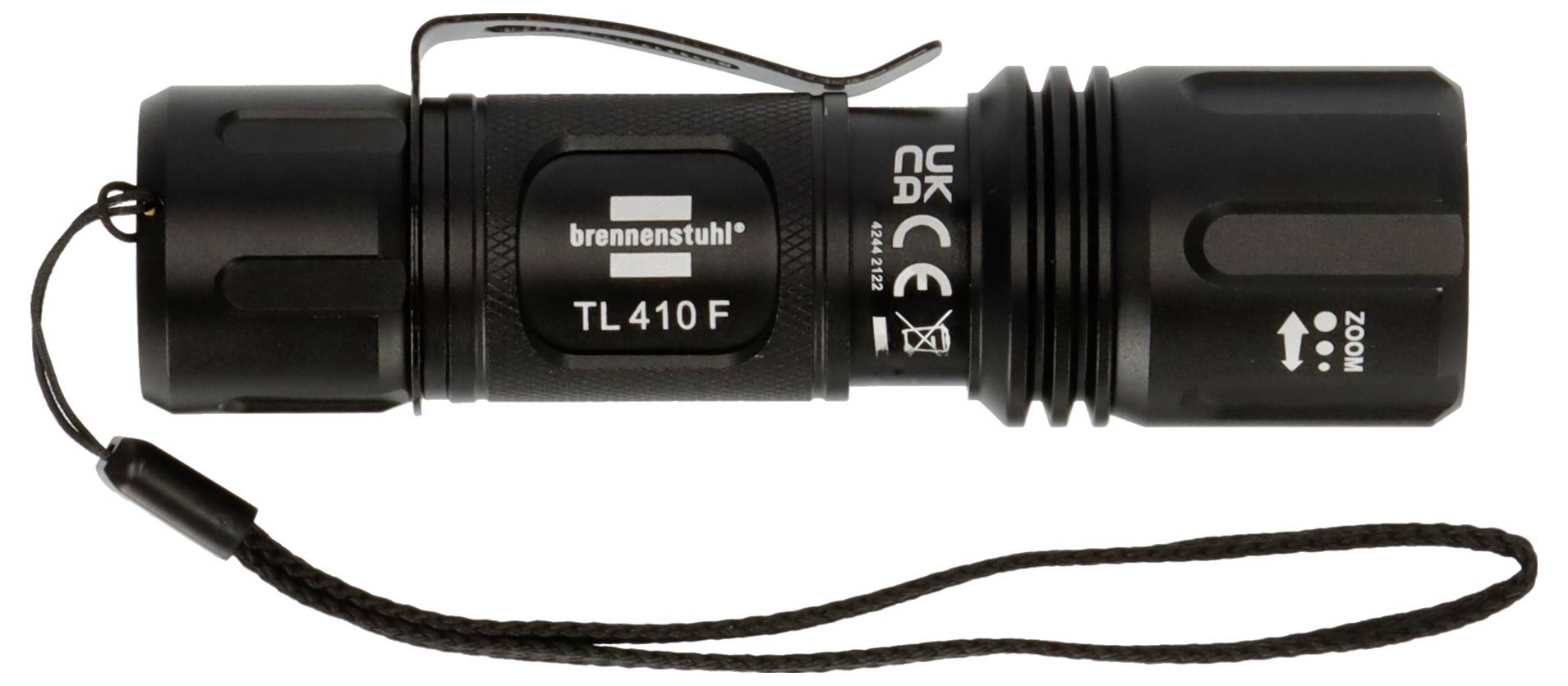 Schwarze Brennenstuhl TL 410 F LED-Taschenlampe mit Handgelenkschlaufe, auf weißem Hintergrund gezeigt.
