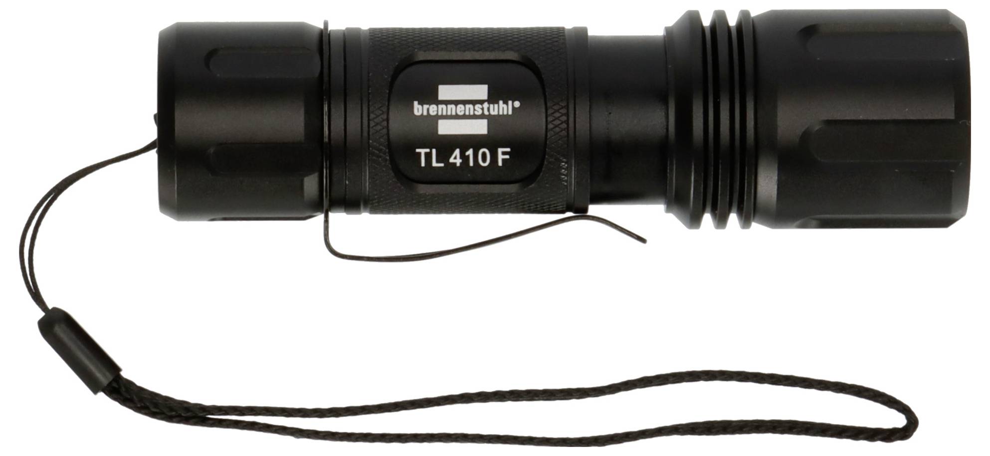 Schwarze Brennenstuhl TL 410 F Taschenlampe mit Handgelenkriemen, auf weißem Hintergrund abgebildet.