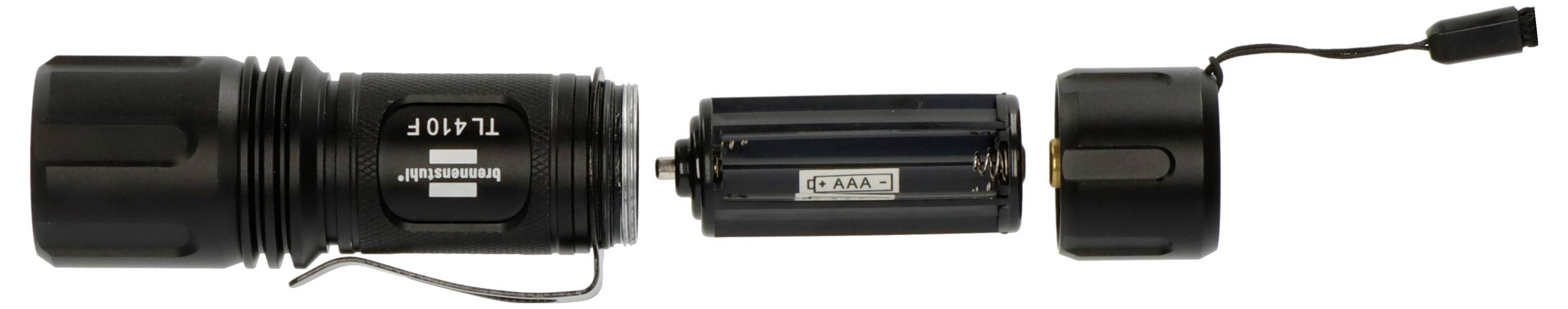 Explosionszeichnung einer schwarzen Taschenlampe mit ihren separaten Komponenten Gehäuse, Batterie und Endkappe horizontal angeordnet.