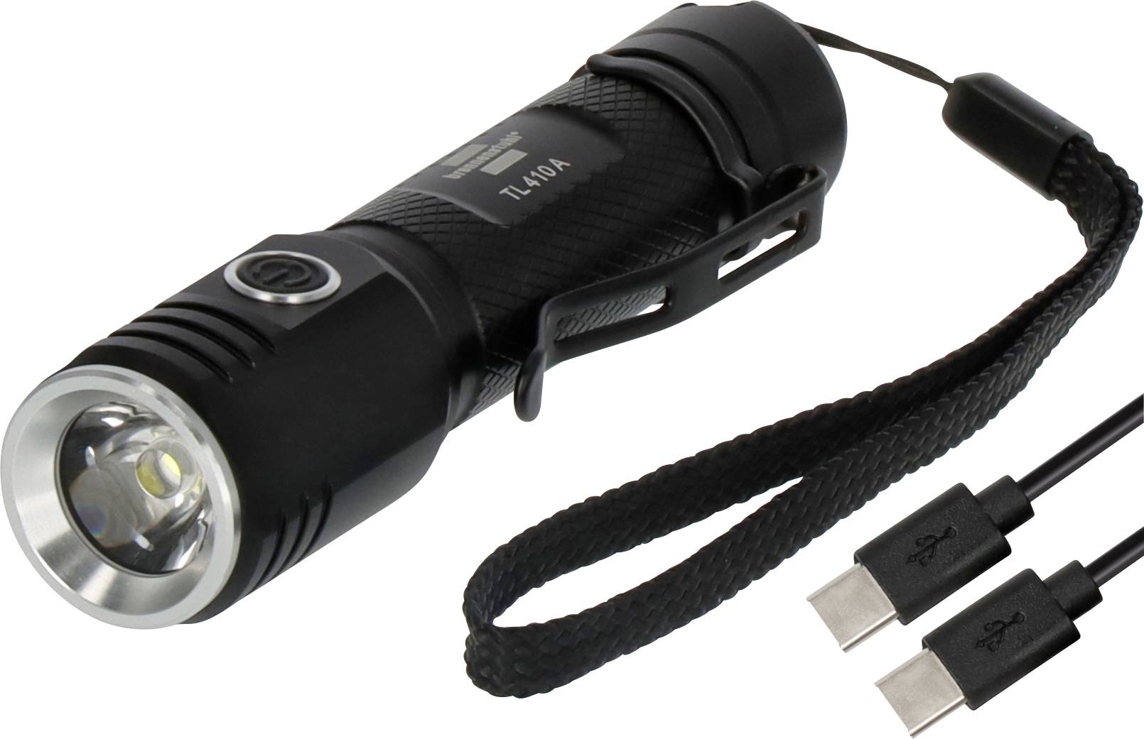Schwarze tragbare Taschenlampe mit Handgelenkschlaufe und USB-Ladekabel auf weißem Hintergrund.