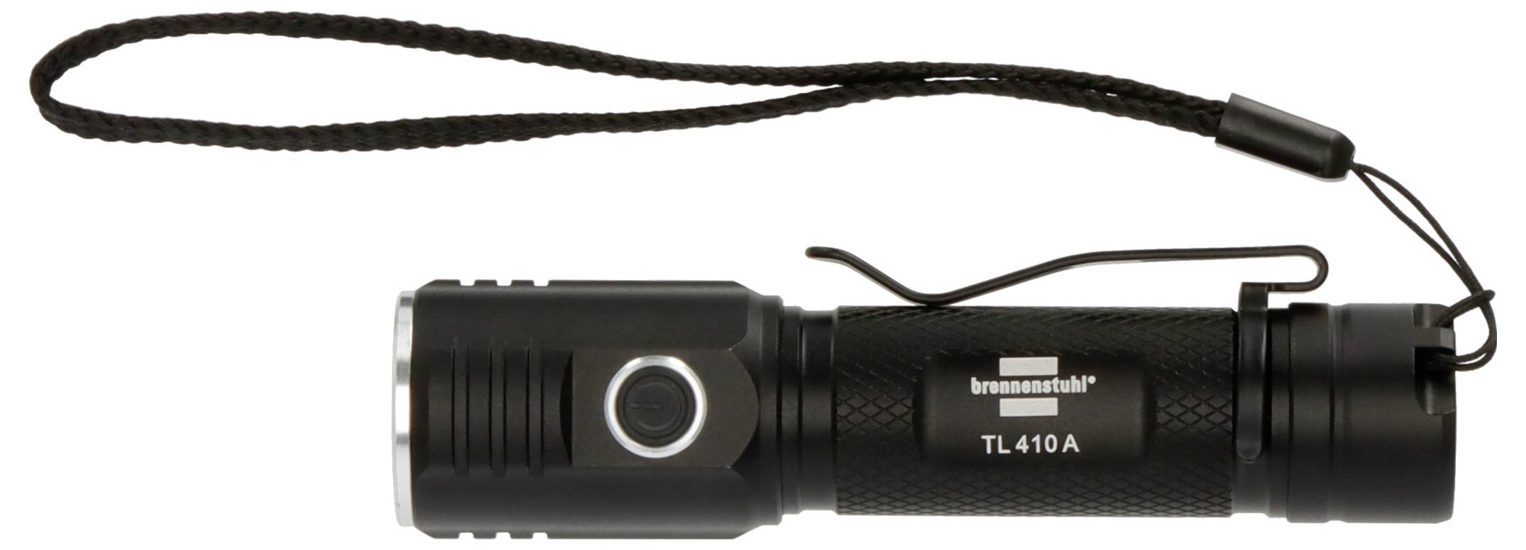 Schwarze Brezzor TL410A Taschenlampe mit Handgelenkschlaufe auf weißem Hintergrund abgebildet.