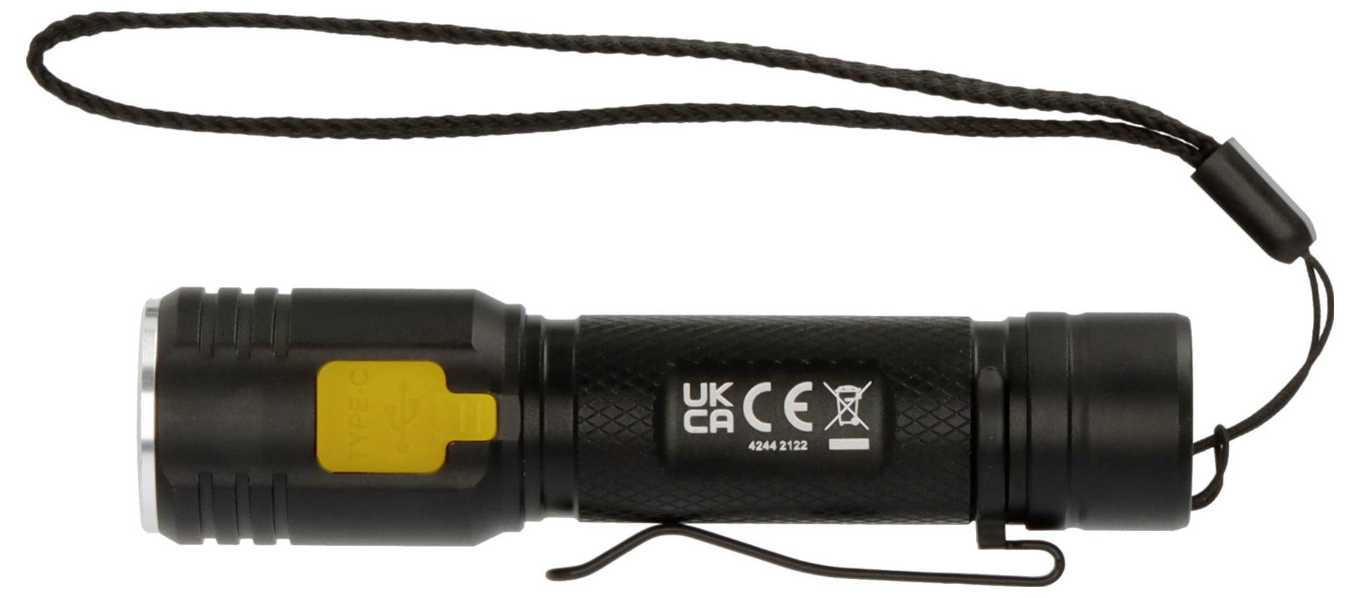 Schwarze tragbare Taschenlampe mit gelbem Seitenschalter, Handgelenkschlaufe und Clip auf weißem Hintergrund.