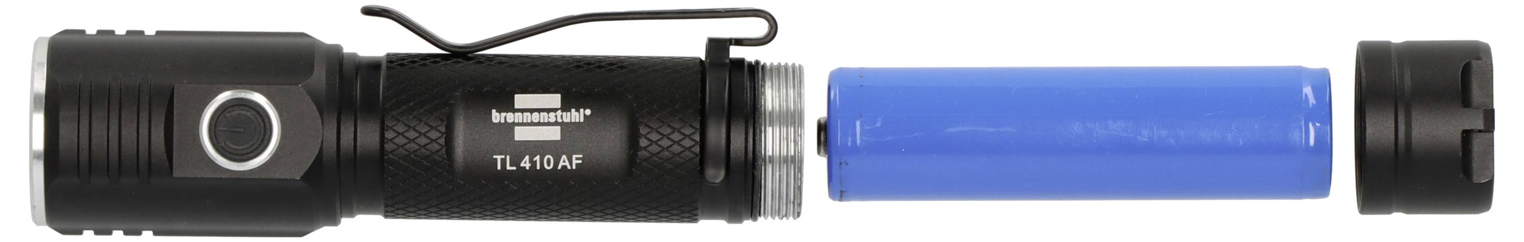 Schwarze Taschenlampe mit einer Schlaufenschnur neben einer blauen zylindrischen Batterie und abgenommener Endkappe, wobei die Energiequelle entfernt ist.