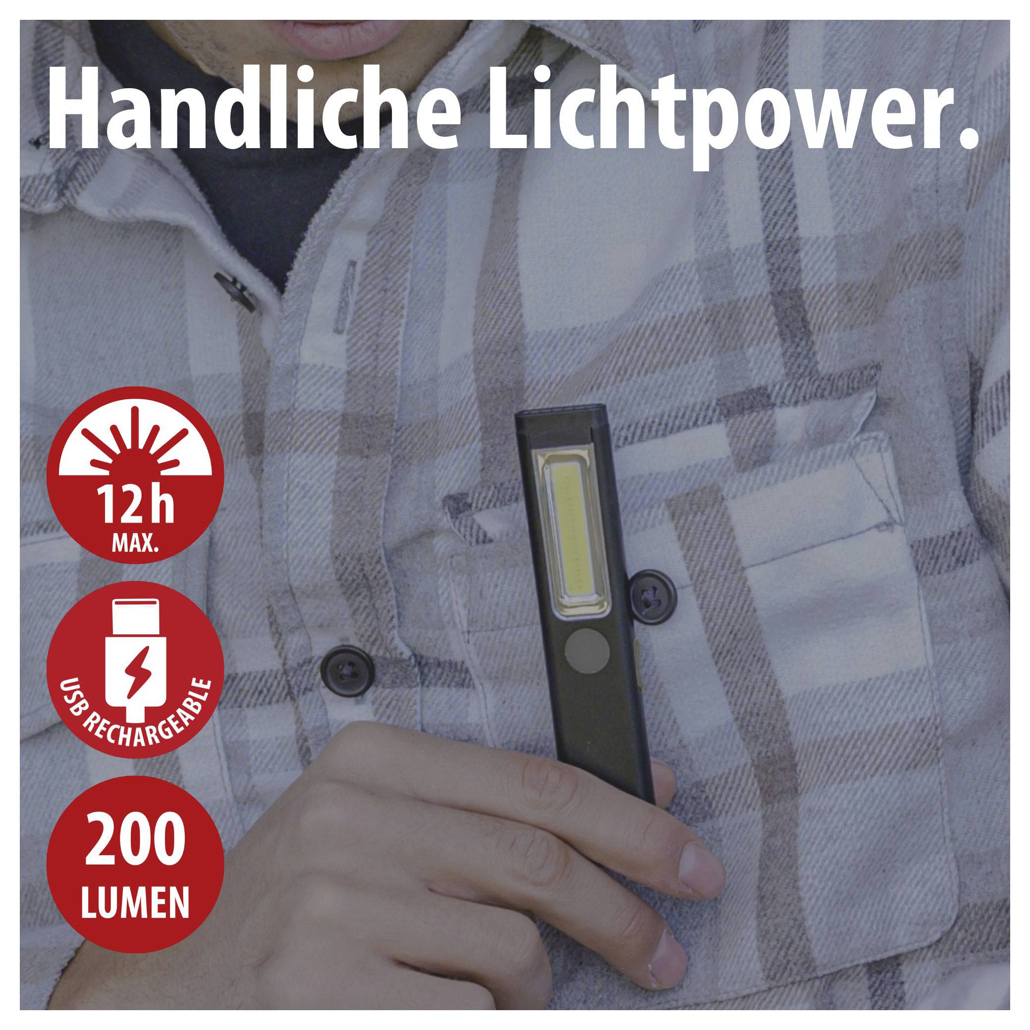 Werbung für eine handliche Taschenlampe mit dem Text 'Handliche Lichtpower.'; genannt werden 12 h max., USB-rechargeable und 200 Lumen.