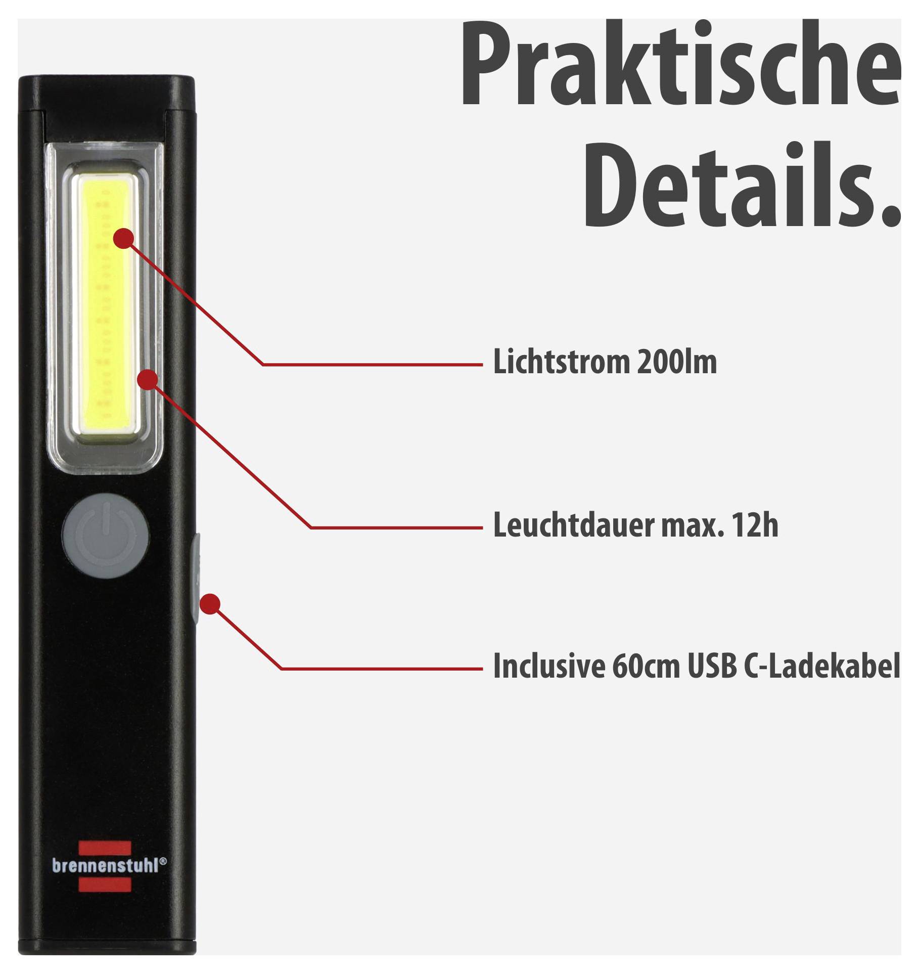 Schwarze USB-C-Arbeitsleuchte mit 'Praktische Details': Lichtstrom 200 lm, Leuchtdauer max. 12 h, inklusive 60 cm USB-C-Ladekabel.