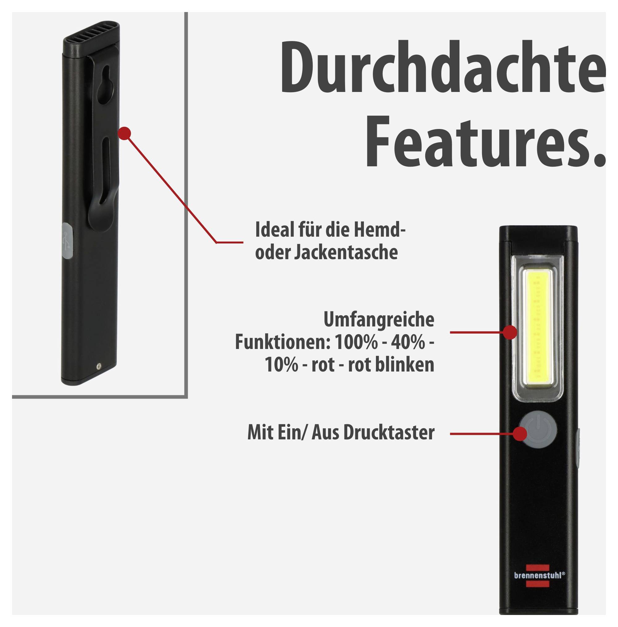 Werbegrafik einer schwarzen LED-Stablampe mit Clip; nennt 'Durchdachte Features', ideal für Hemd- oder Jackentasche, 100%/40%/10%/rot-blinken und Ein/Aus-Drucktaster.