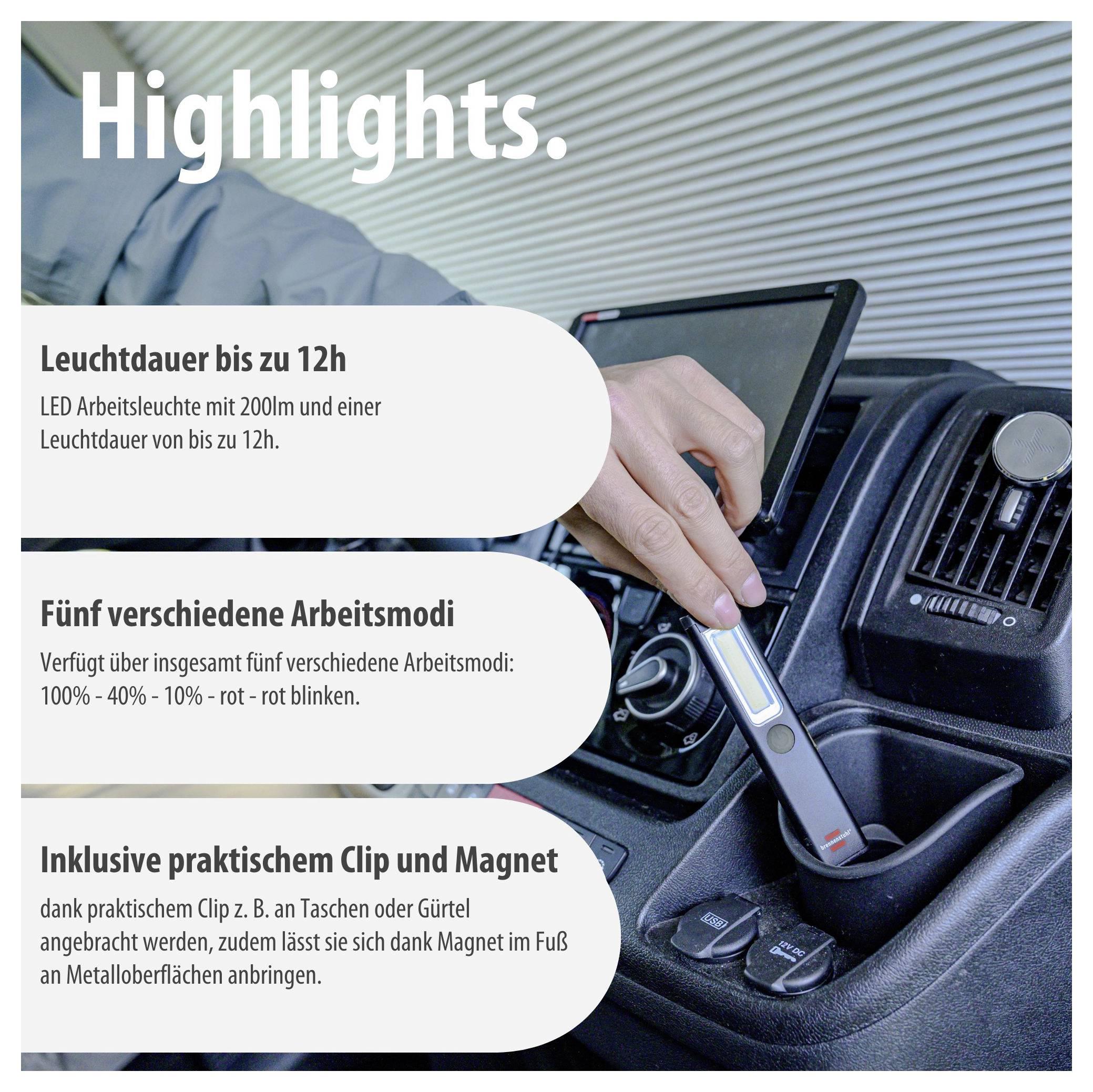 Werbeabbildung einer LED-Arbeitsleuchte im Auto: 200 Lumen, Leuchtdauer bis zu 12h, fünf Modi sowie Clip und Magnet zur Befestigung.