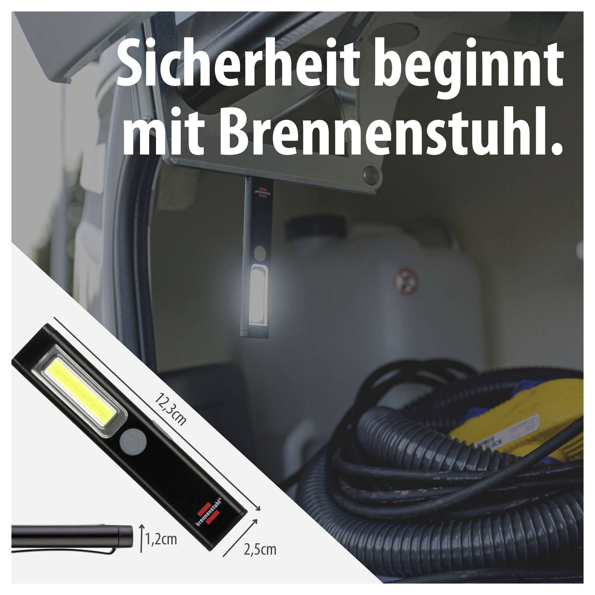 Werbebild mit Taschenlampe für den Kofferraum; Text: 'Sicherheit beginnt mit Brennenstuhl.' sowie Maßangaben 12,3 cm, 1,2 cm und 2,5 cm.