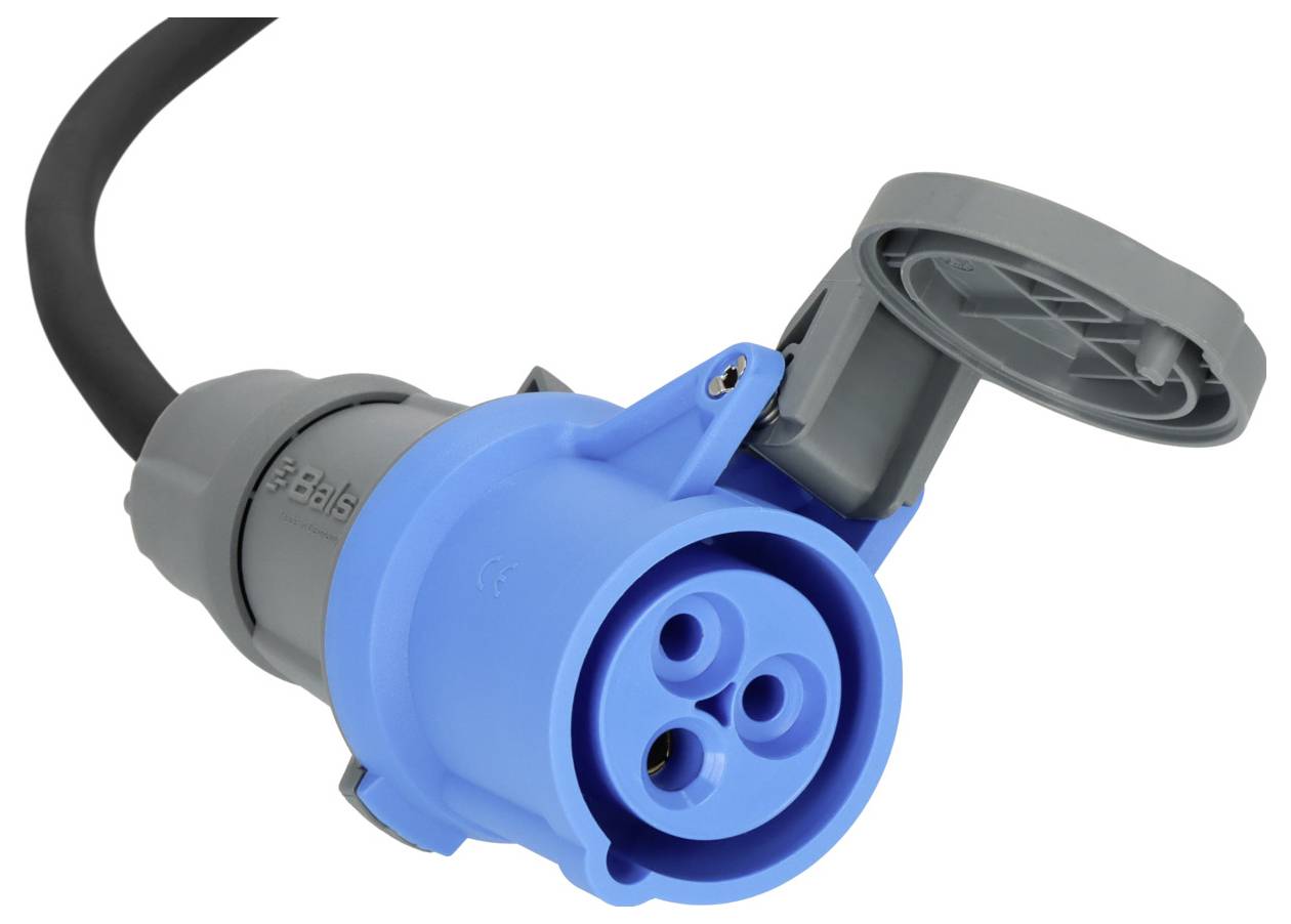 Blauer und grauer industrieller Elektrostecker mit schwarzem Kabel und aufklappbarer Schutzkappe, auf weißem Hintergrund abgebildet.