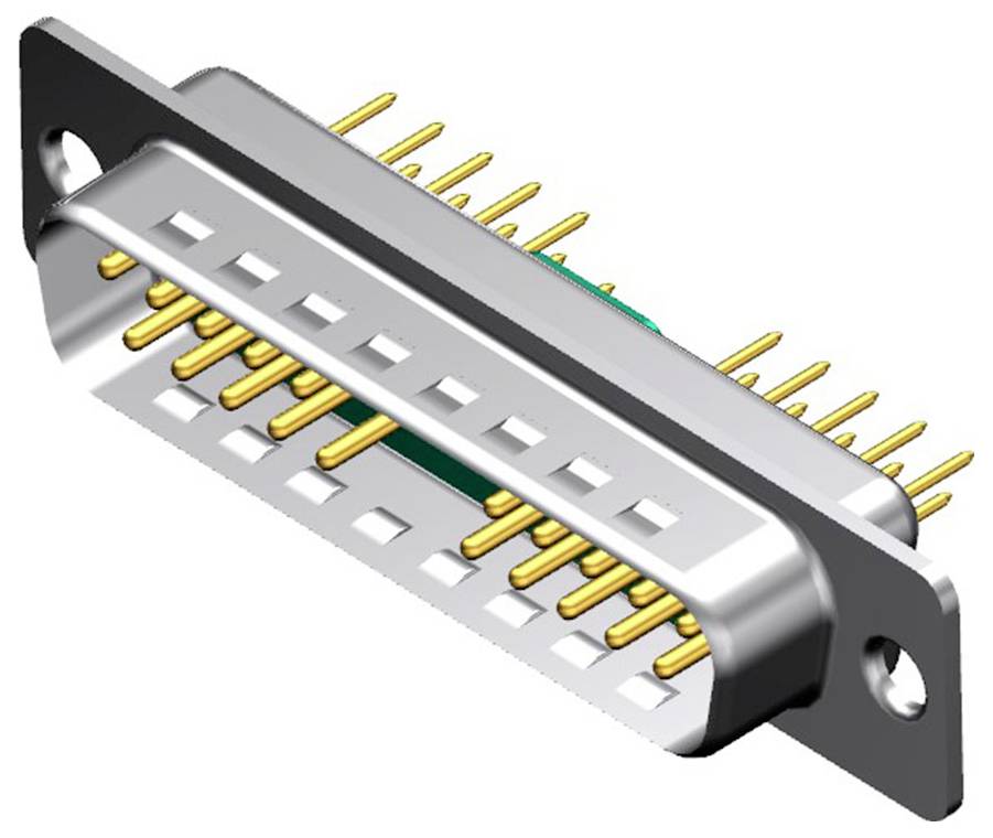 Ein 25-polig bestückter D-Sub-Stecker mit vergoldeten Kontakten für elektrische Verbindungen, häufig in Computer- und Telekommunikationsgeräten anzutreffen.