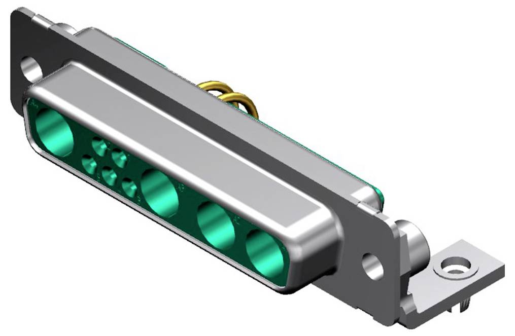 Eine Nahaufnahme eines metallischen Steckers mit mehreren kreisförmigen Öffnungen, möglicherweise für elektronische Geräte verwendet, dargestellt in einer 3D-Darstellung.