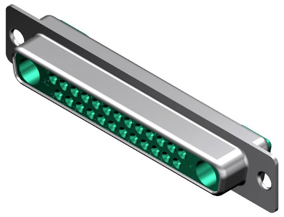 Ein grauer D-Sub-Stecker mit mehreren runden Stiften, die in zwei Reihen angeordnet sind, auf einer Metallplatte mit Schrauenlöchern montiert.