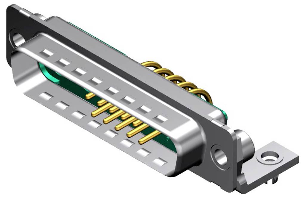 Eine Schrägansicht eines D-Sub-Steckers mit vergoldeten Kontakten in einem Metallgehäuse, das zur Übertragung von elektrischen Signalen verwendet wird.