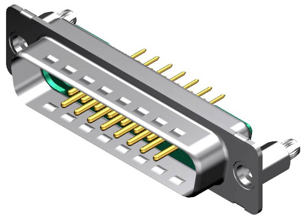 Ein 3D-Modell eines männlichen D-Sub-Steckers, das ein Metallgehäuse mit mehreren vergoldeten Stiften zeigt, das zum Verbinden elektronischer Geräte verwendet wird.