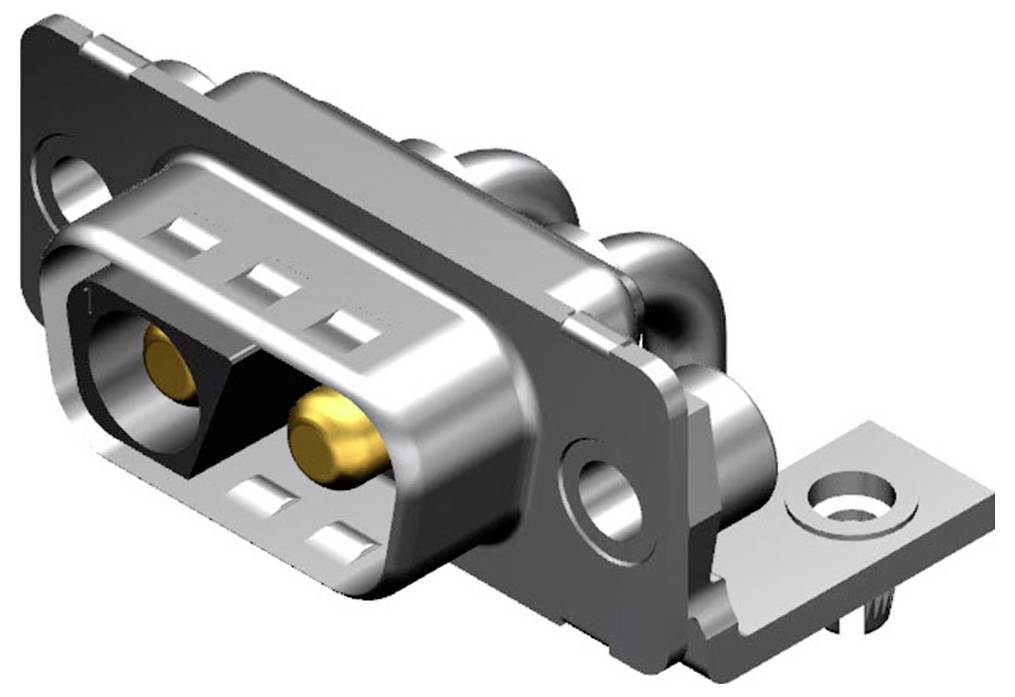 Ein metallischer elektrischer Stecker mit goldfarbenen leitfähigen Elementen, entwickelt für sichere Befestigung auf einer Oberfläche.