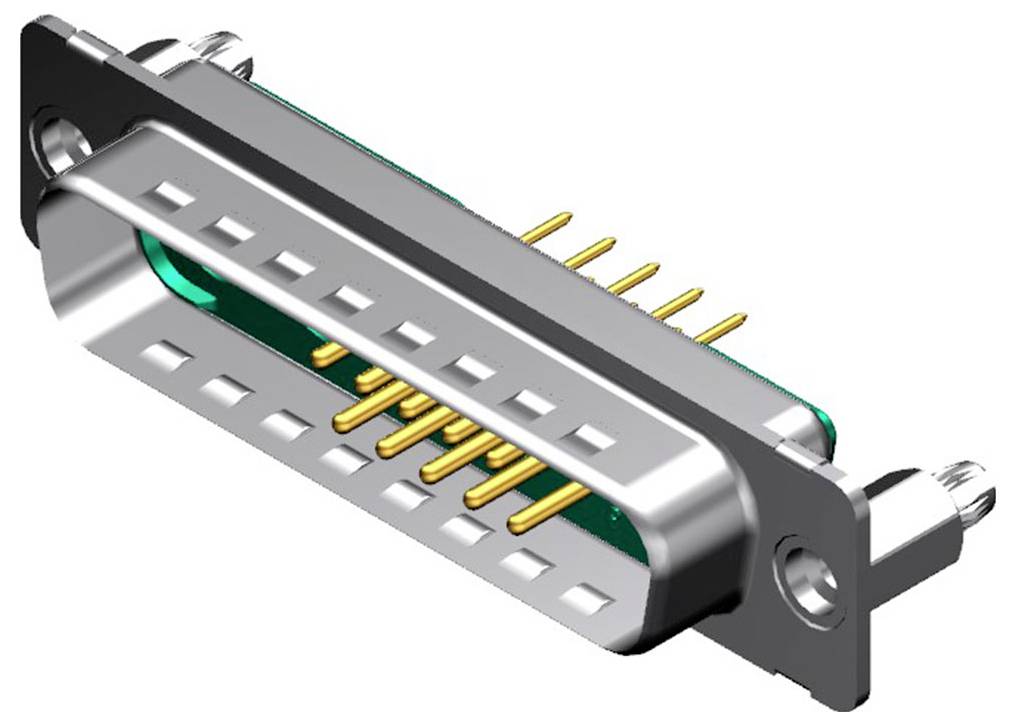 Ein D-Sub-Stecker mit einer Metallgehäuse und mehreren vergoldeten Stiften, typischerweise für Computer- und Elektronikverbindungen verwendet.