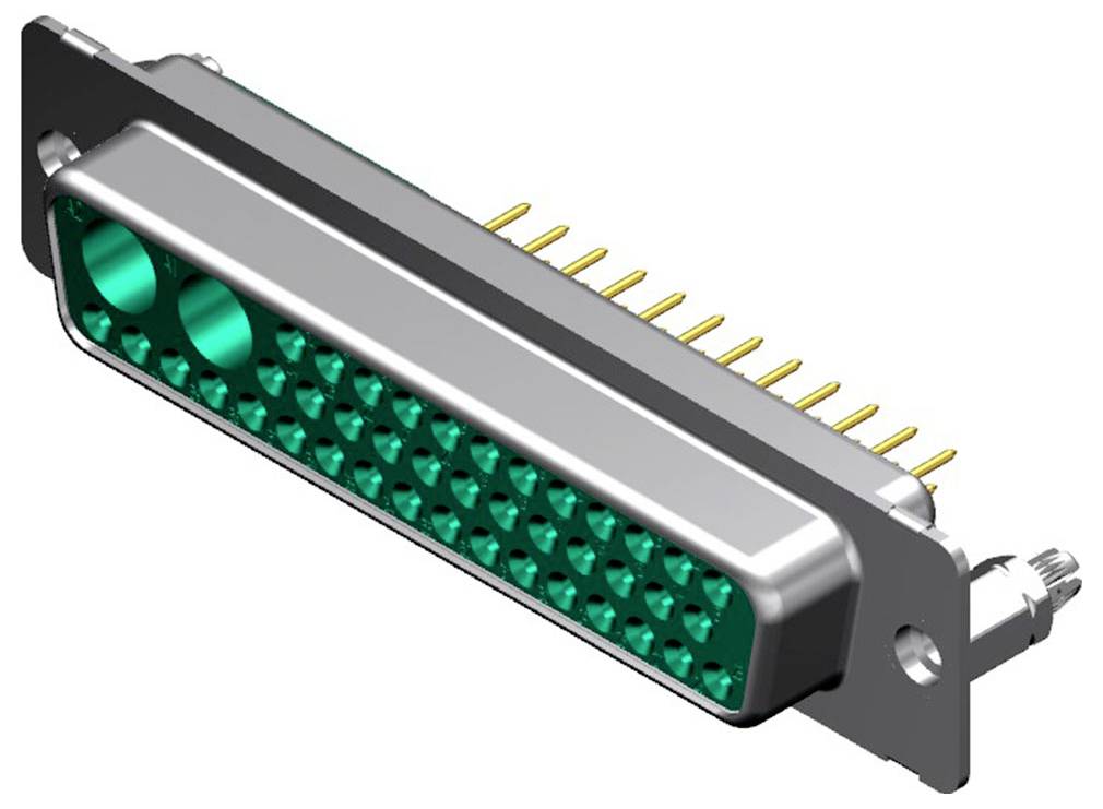 Ein Metallmultipol-Stecker mit rechteckiger Form, mit grünen inneren Buchsen und vergoldeten Stiften, für den Einsatz in elektronischen Geräten.