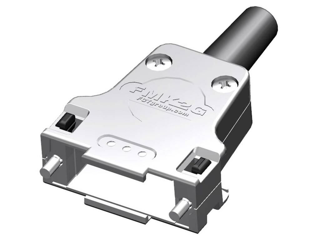 Stecker mit rechteckigem Gehäuse und zwei Anschlussstiften, Kabelverbindung hinten.