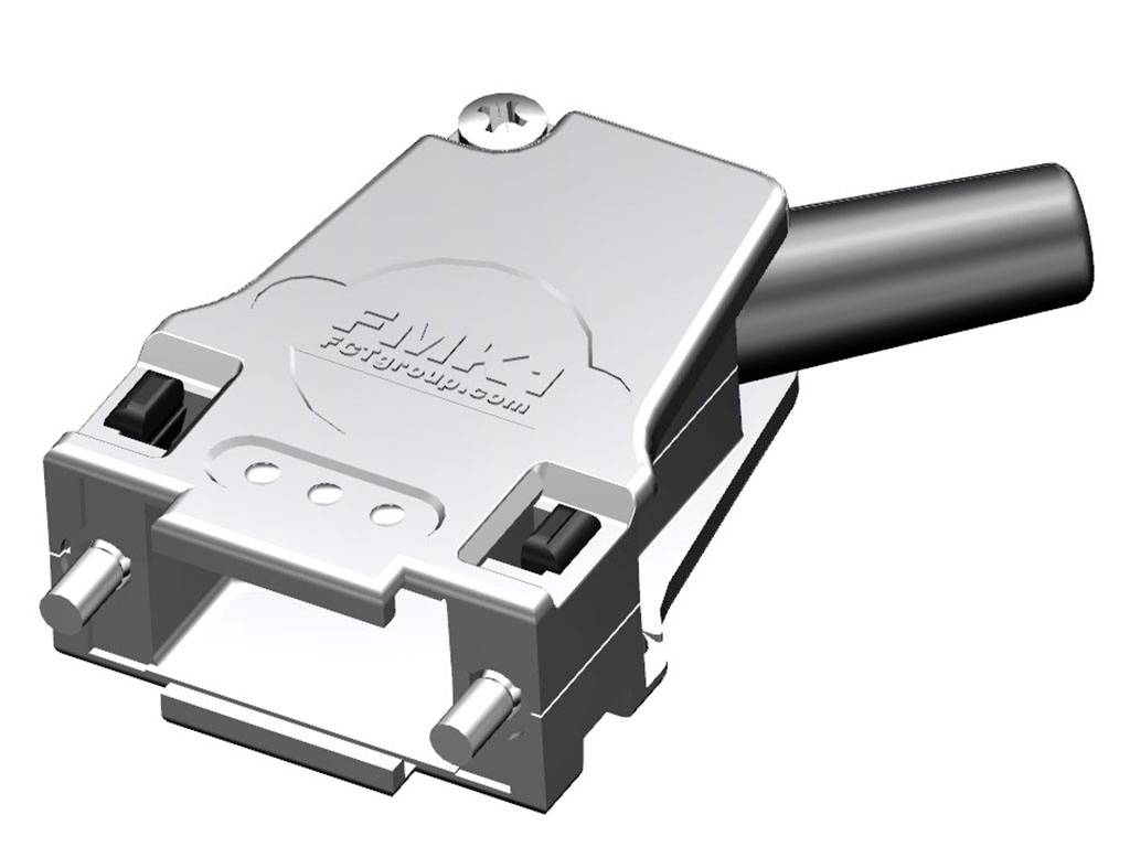 Ein silberner D-Sub-Stecker mit Kabel, zur Übertragung elektrischer Signale, gezeigt in einem winkeligen Blick.
