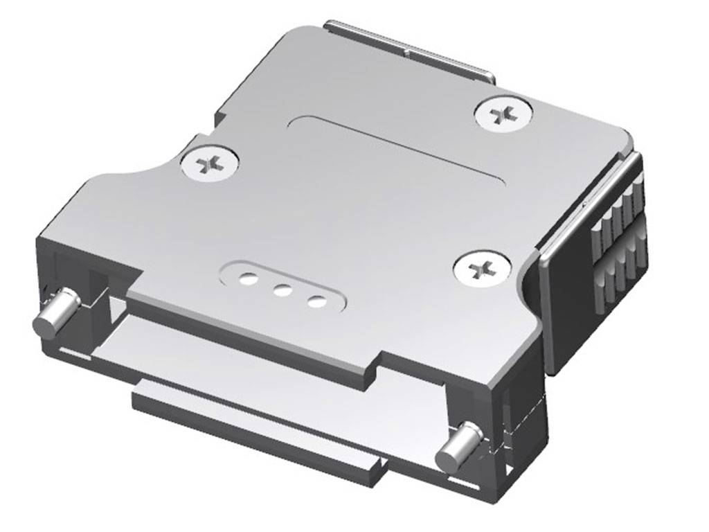Ein rechteckiger Metallanschluss mit Schrauben und Kontakten für elektronische Verbindungen.