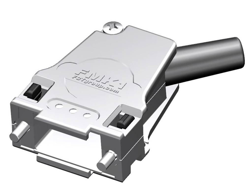 Silberner D-Sub-Stecker mit angeschlossenem schwarzen Kabel, Vorderansicht.