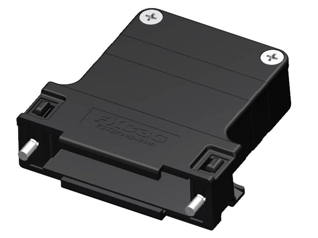 Ein schwarzes elektrisches Bauteil mit Anschlussstiften, von einem Hersteller mit Namen 'Phoenix' geprägt, auf einer weißen Fläche.