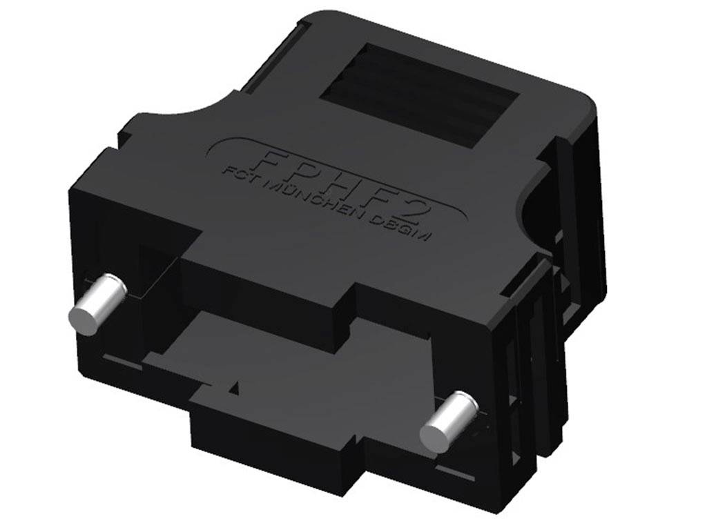 Schwarzes Kunststoffbauteil, rechteckig, für elektronische Anwendungen. Zwei silberne Stifte ragen heraus, mit Aufschrift 'FPHF2 PCB'.