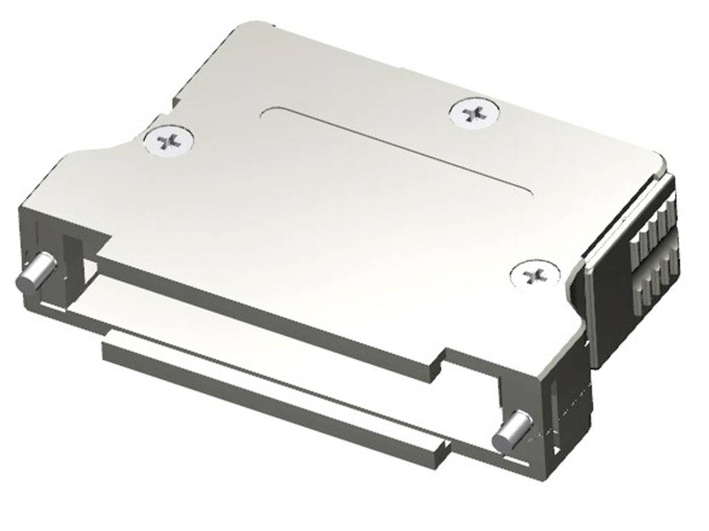 Ein silbernes Elektronikgehäuse mit zwei Schrauben an der Oberfläche, rechteckiger Form und mehreren Anschlüssen an der rechten Seite.
