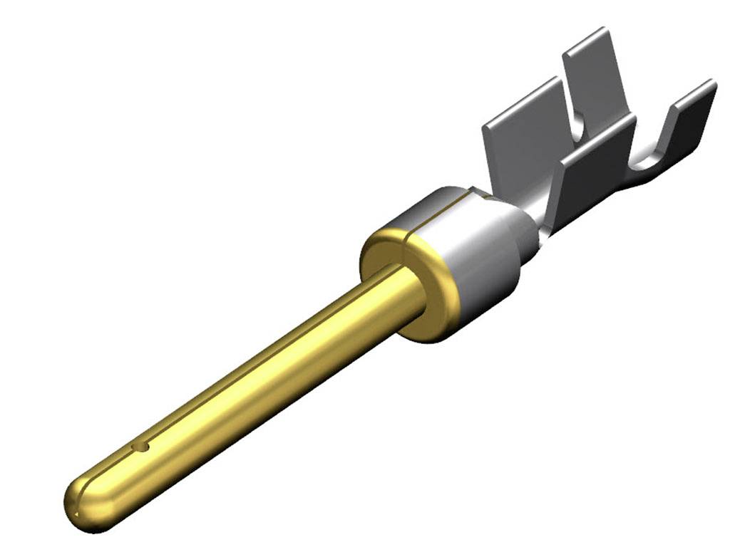 3D-Modell eines Steckerkontakts mit goldenem Stift und silberner Klemme, zur elektrischen Verbindung in Steckernutzungen.