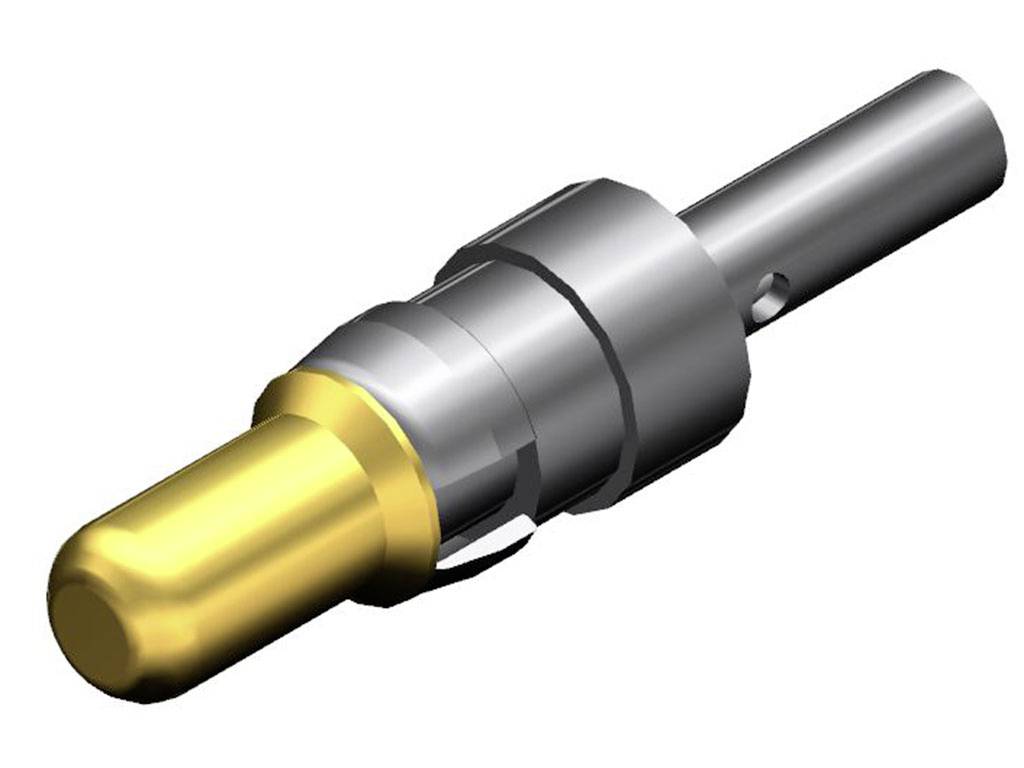 Ein Metallstecker mit einem goldfarbenen Ende und einem silbernen Griff. Verwendet für elektrische Verbindungen und Signalübertragung.