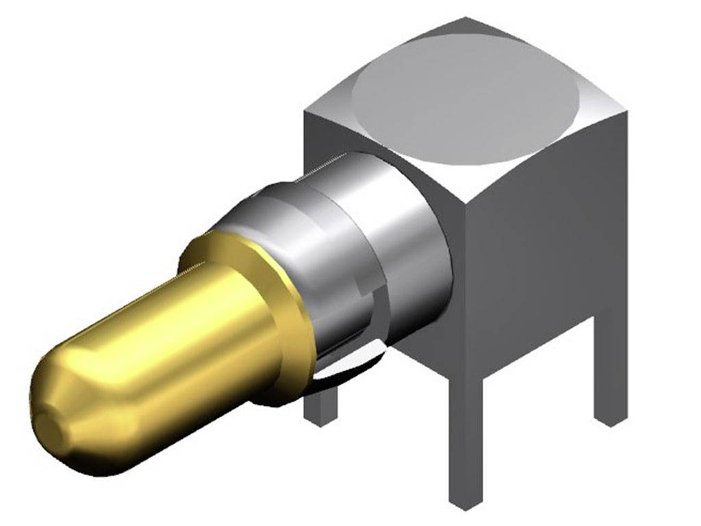 Ein goldener, zylinderförmiger Metallstecker ist an einem grauen, rechteckigen Gehäuse befestigt. Der Stecker steht hervor.