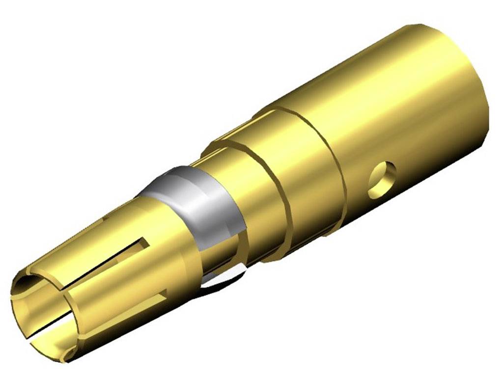 Ein goldener elektrischer Steckverbinder mit zylindrischer Form und mehreren Kontakten.