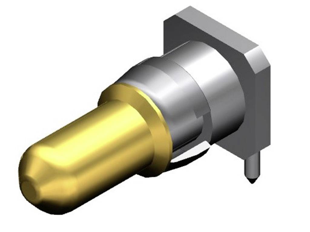 Ein metallischer Koaxialstecker mit goldener Spitze und silbernem Gehäuse, geeignet für elektronische Verbindungen.