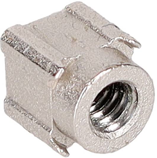 Eine metallische quadratische Mutter mit durchbohrtem Gewinde, versehen mit texturierten Seiten und glänzender Oberfläche, konzipiert für den Einsatz in mechanischen Baugruppen.