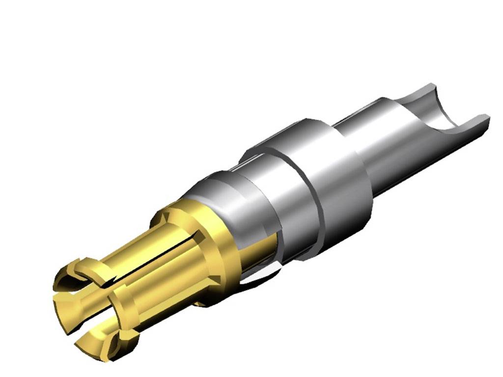 Ein goldener und silberner Steckverbinder, zylinderförmig, mit mehreren Kontakten, vermutlich für elektronische Geräte gedacht.