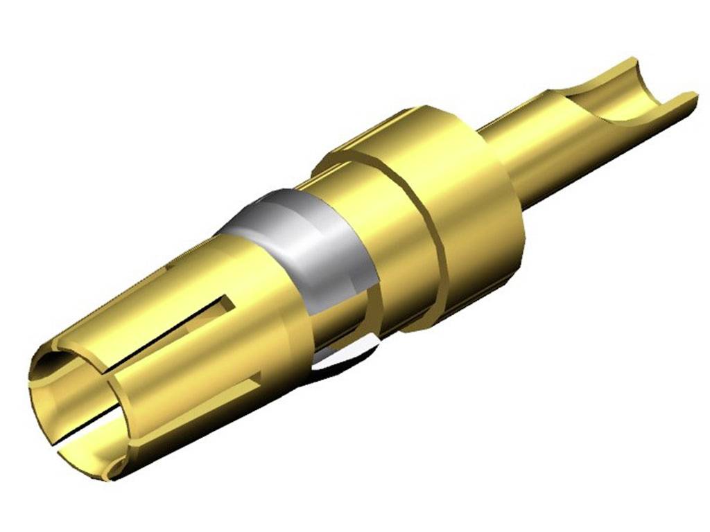Goldener elektrischer Steckkontakt, zylindrisch mit mehreren Kerben. Verwendet in elektrischen Verbindungen für sichere Leitfähigkeit.