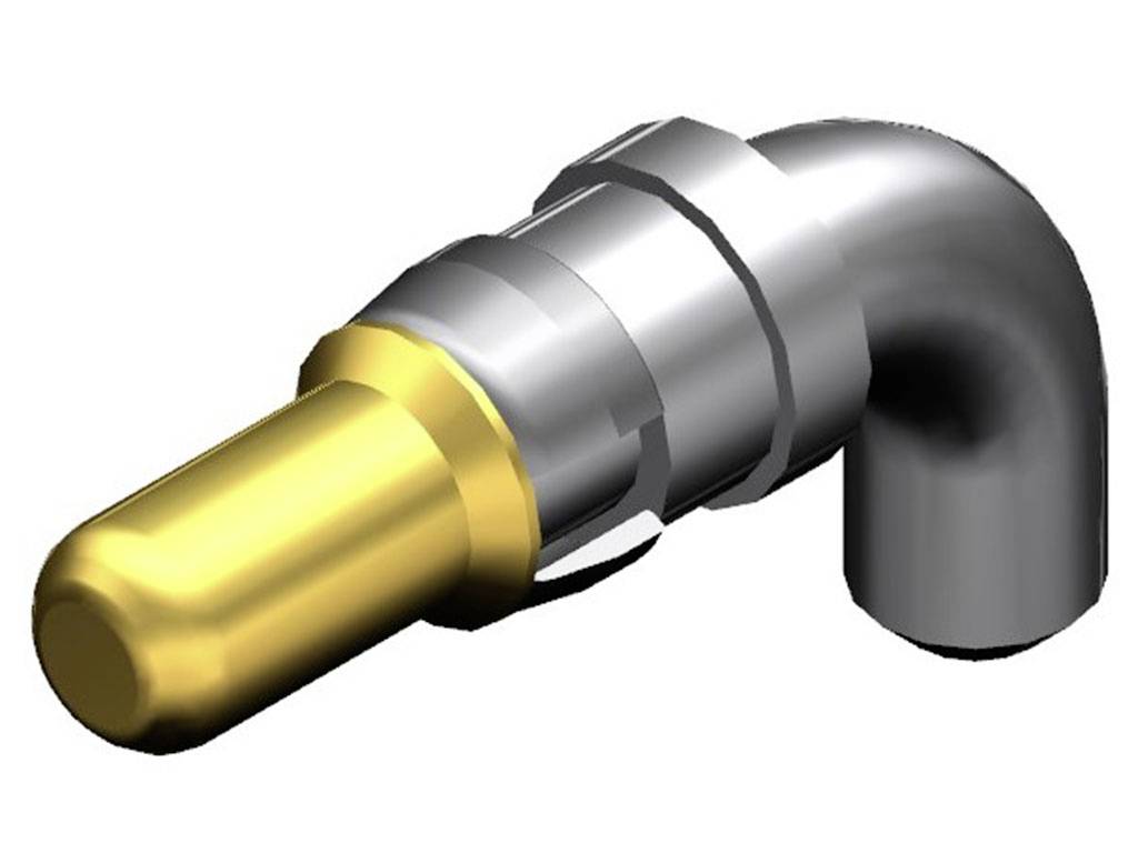 Industrieller Rohrverbinder, bestehend aus einem rechten Winkel aus silbernem Metall und einer goldenen Spitze, wird zur Verbindung von Rohren verwendet.