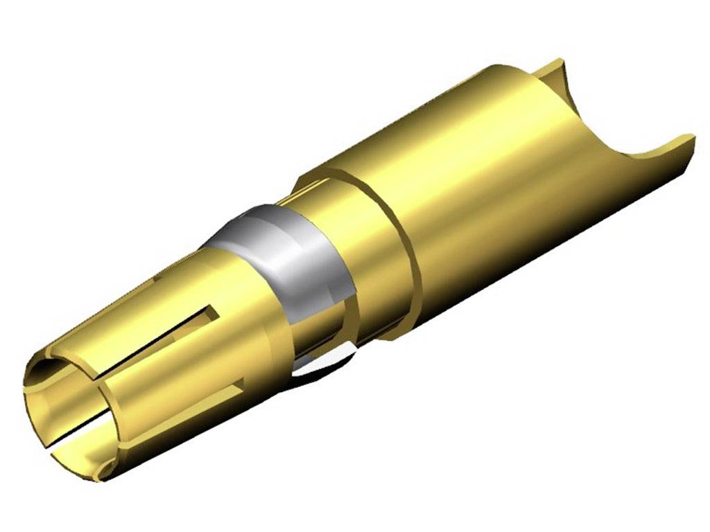 Ein metallischer Steckverbinder mit einem goldfarbenen, zylindrischen Design, möglicherweise für elektronische Verbindungen genutzt.