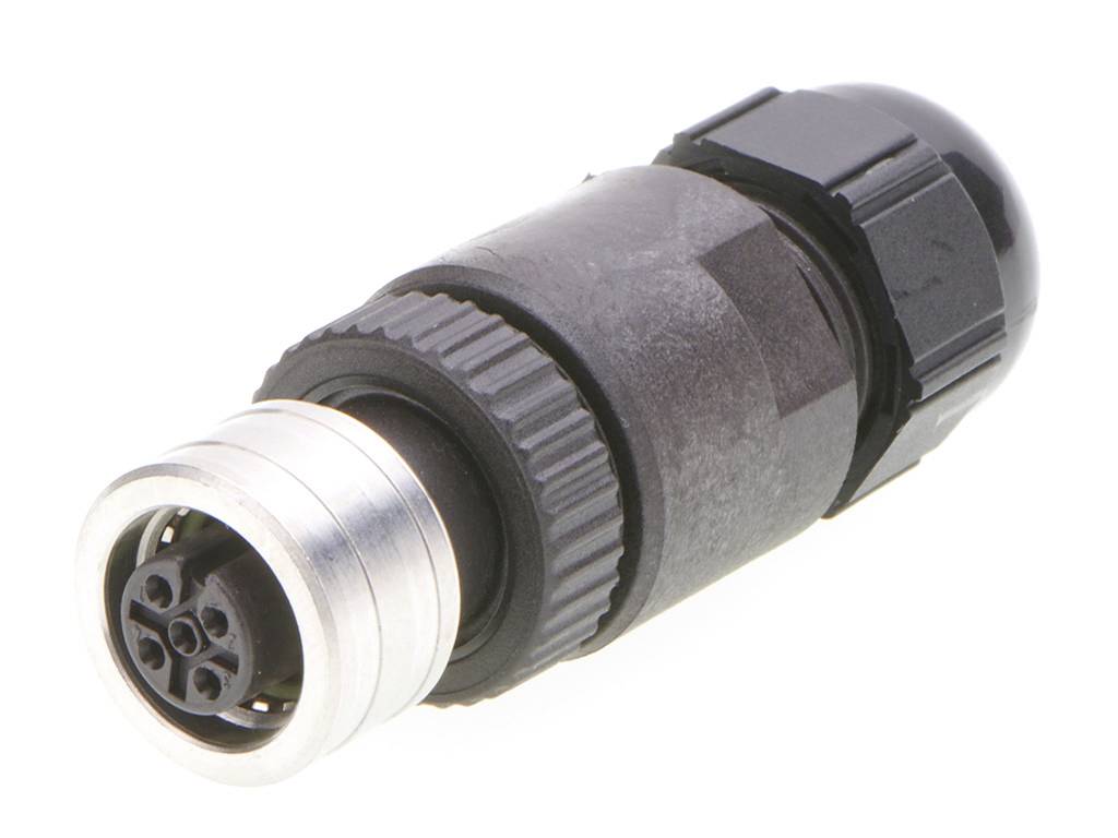 Ein schwarzer und silberner, zylindrischer elektrischer Stecker mit mehreren Pins, geeignet für industrielle Anwendungen.
