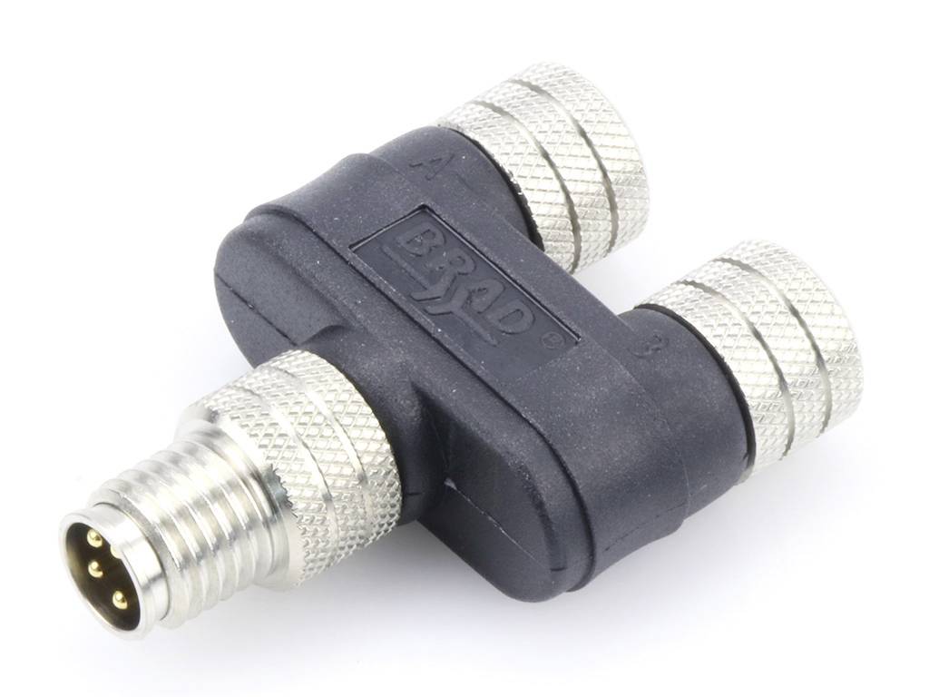 Ein T-förmiger M12 Stecker mit drei Anschlüssen, zwei weibliche und ein männlicher, für industrielle Verbindungen.
