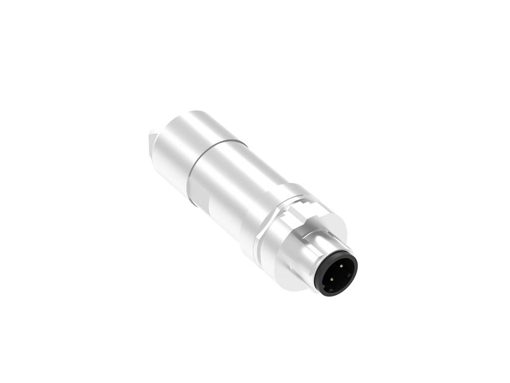 Ein silberner Metallstecker mit runder Form und mehreren Kontaktstiften an einem Ende.