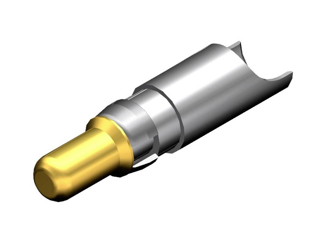 Nahaufnahme einer metallischen Steckverbindung mit goldfarbenem Kontakt.